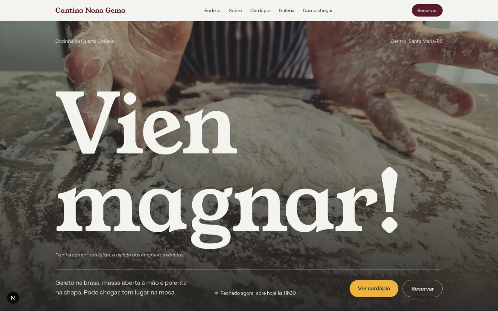 Página inicial do site Cantina Nona Gema, com foto de prato da casa