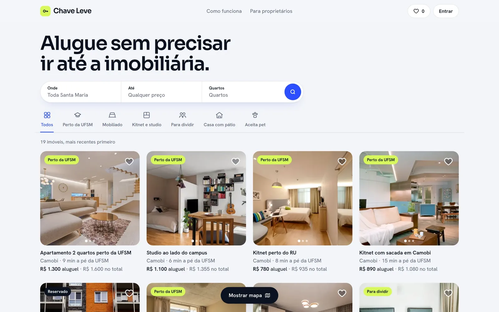 Página inicial do site Chave Leve Imóveis, com busca de imóveis para estudantes